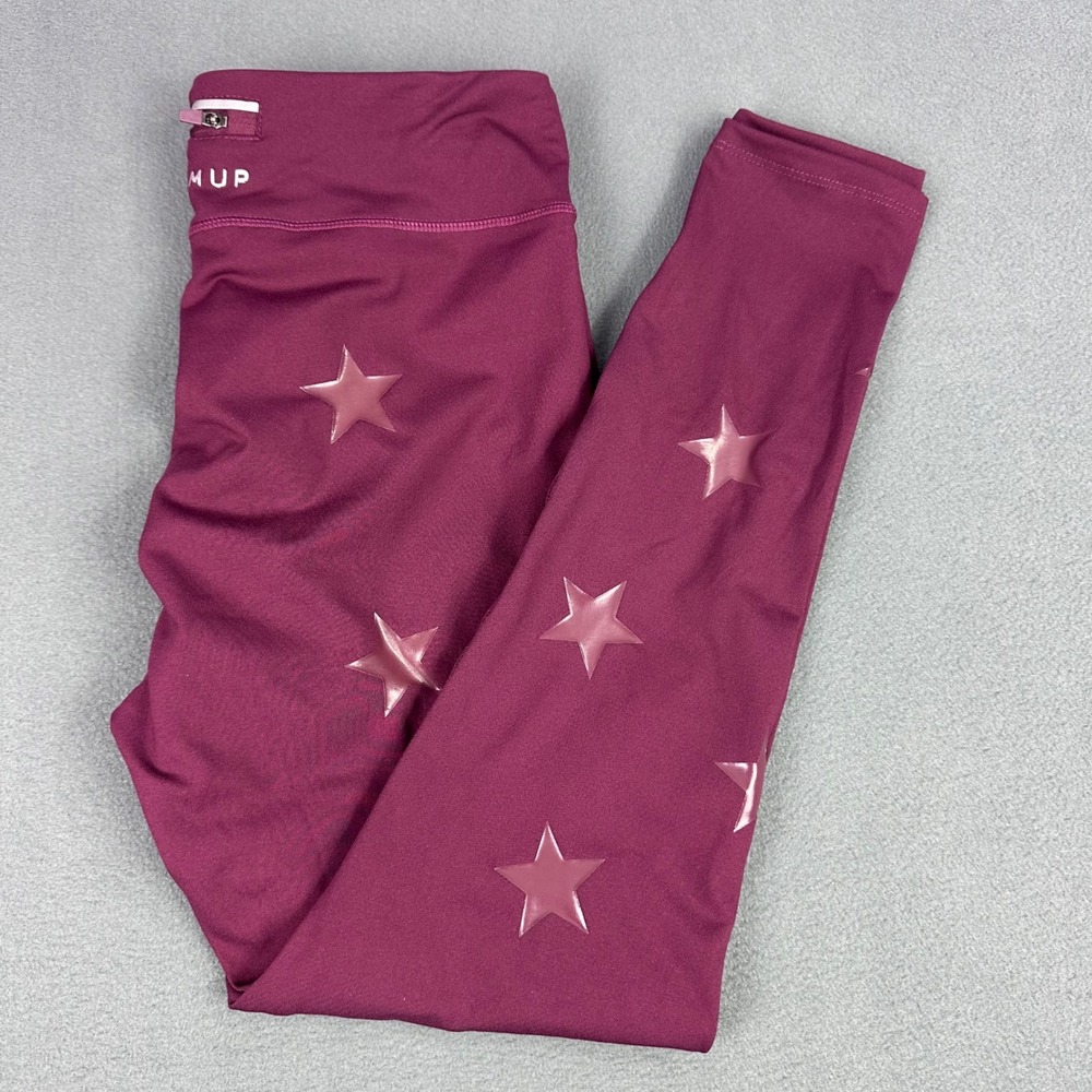 Jessica Simpson The Warm Up Burgundy Star Print Leggings XL Zipper Pocket Yoga